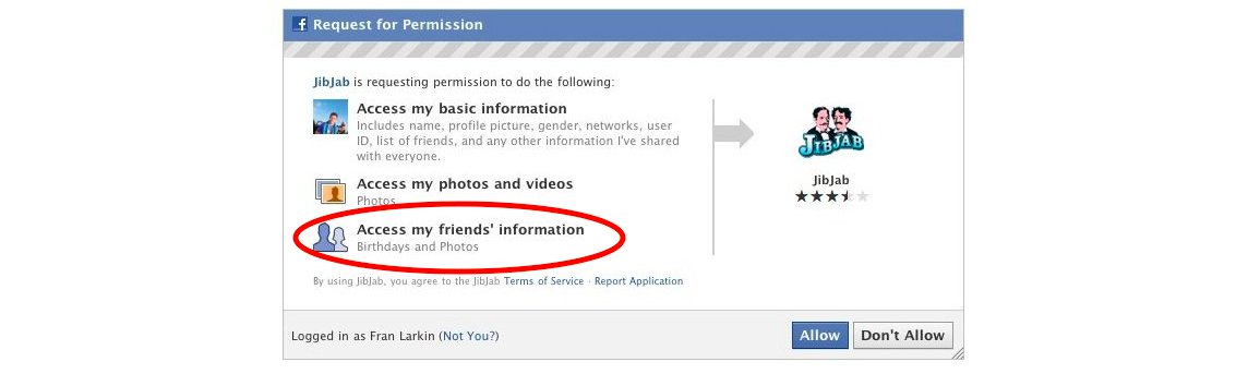Bildschirmfoto von einer Facebook App, die um Zugriff auf Benutzerinformationen fragt - Facebook-Skandal